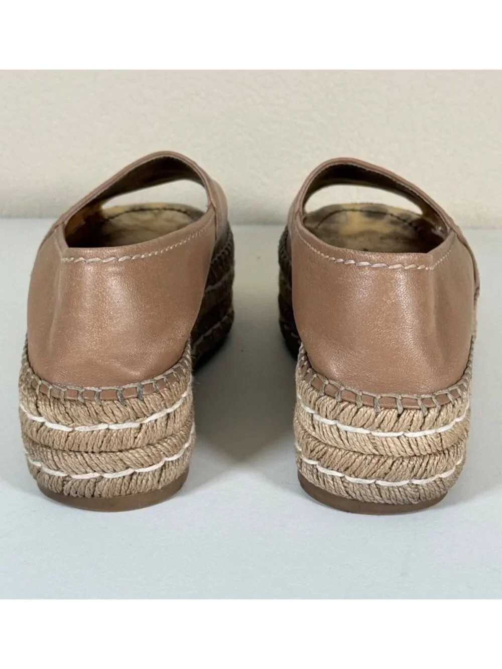 PRADA Women's Napa Leather Peep Toe Platform Espadrilles Naturale Tan - Picture 8 of 13